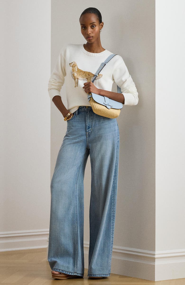 Lauren Ralph Lauren Golden Retriever Intarsia Cotton Sweater, Alternate, color, White/ Multi