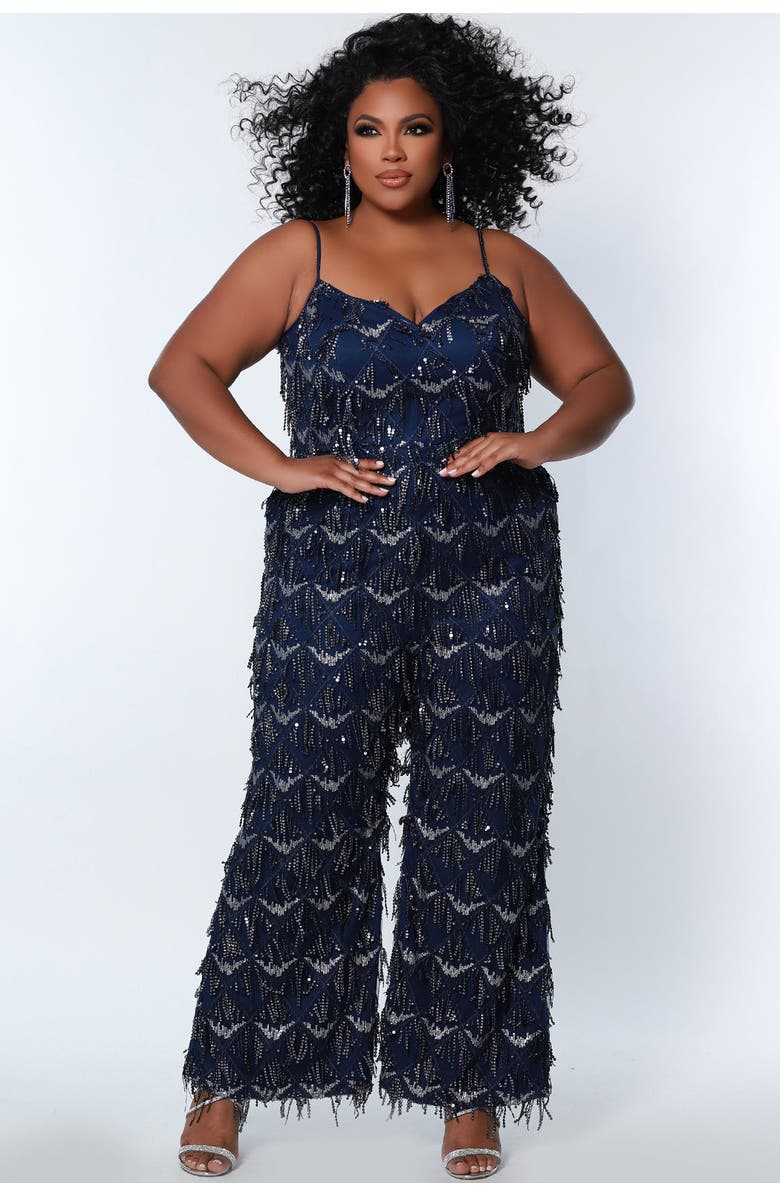 Sydney's Closet Spaghetti Strap Sequin fringe Plus Size Jumpsuit, Main, color, Navy