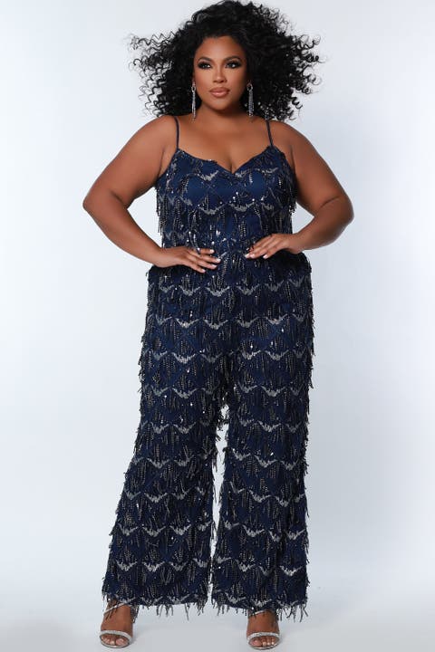 Spaghetti Strap Sequin fringe Plus Size Jumpsuit