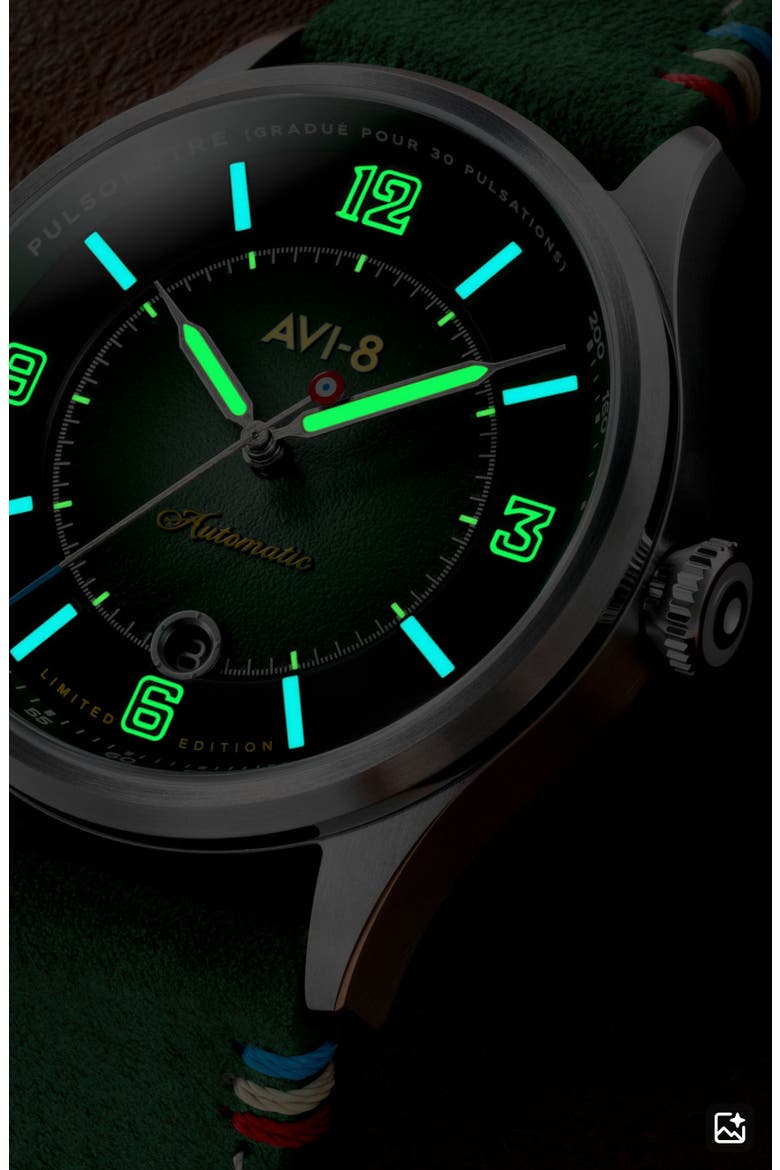Flyboy Lafayette Automatic 110th Anniversary Limited Edition Leather Strap Watch, 42mm, Alternate, color, GREEN