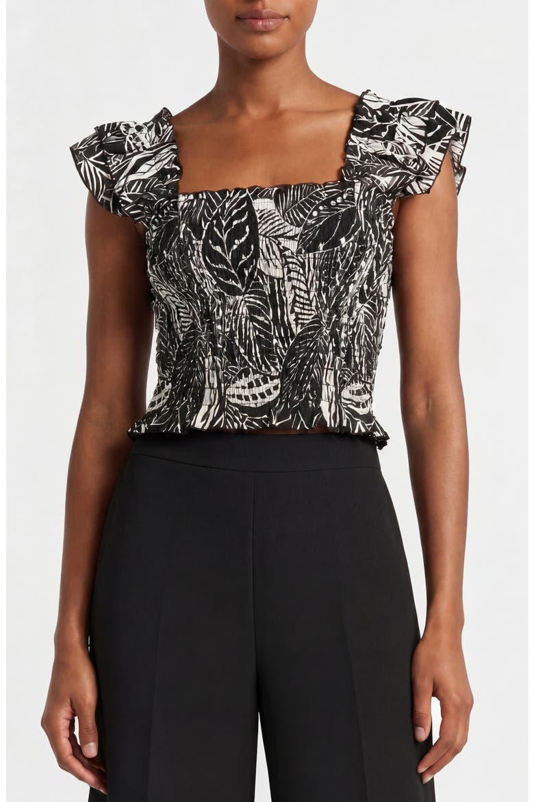 Smocked Flutter Sleeve Tank, Main, color, LAYERED LEAVES