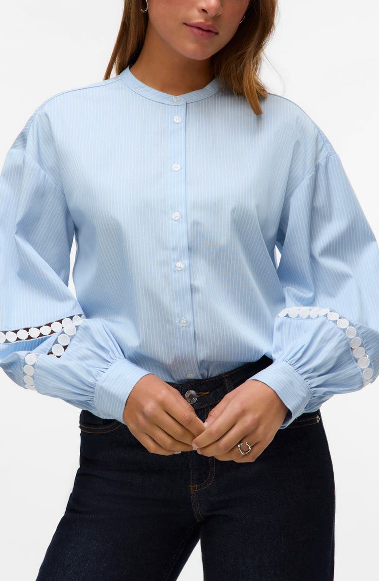 VERO MODA Janni Pinstripe Circle Lace Inset Button-Up Shirt, Main, color,