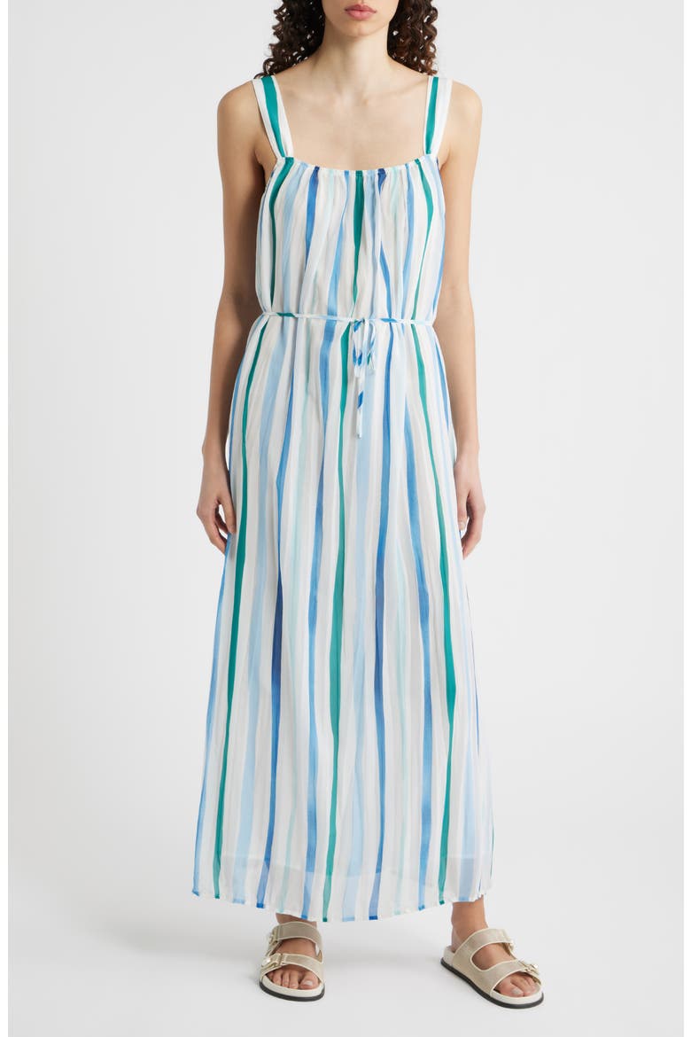 Vertical Stripe Pleated Tie Waist Midi Dress, Main, color, SEA GLASS BRUSH STROKE