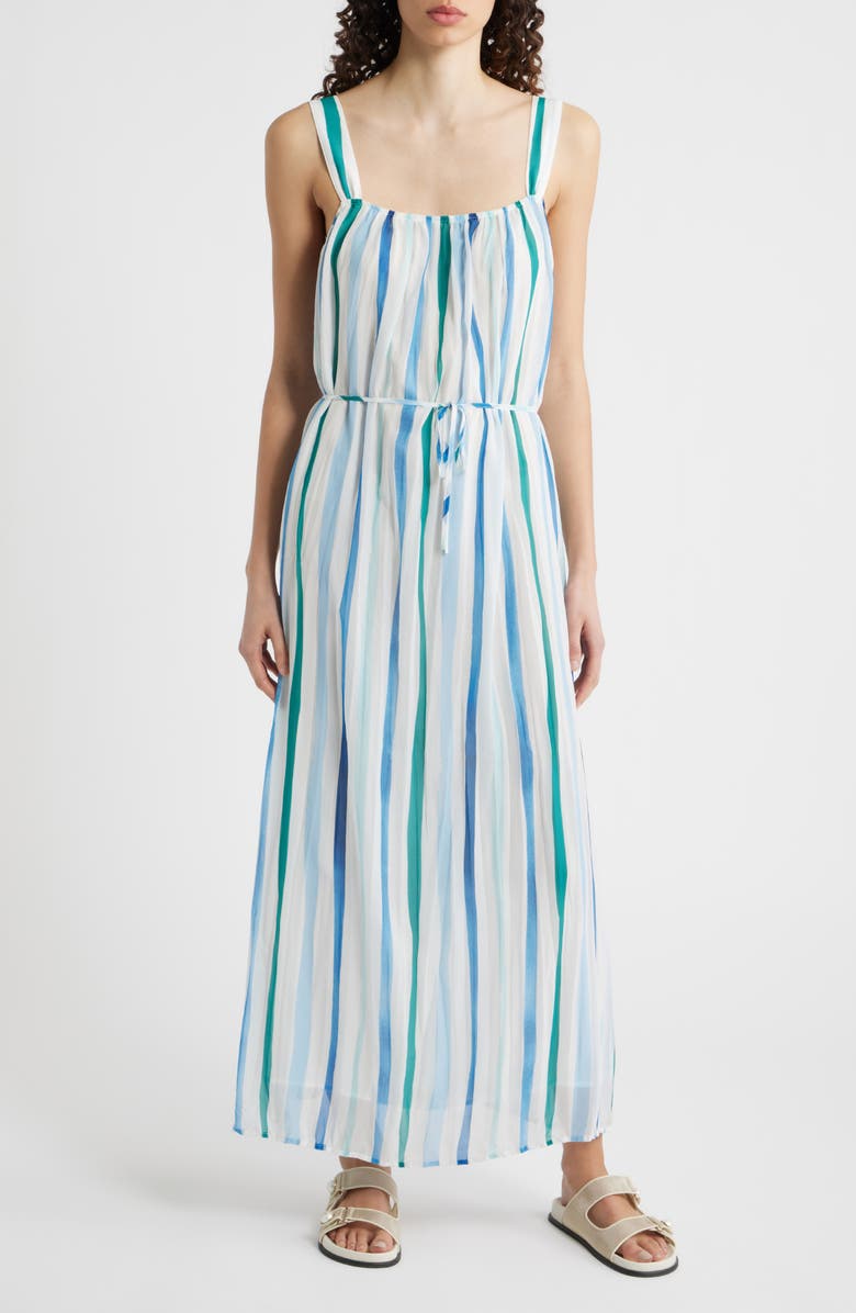 Cloth & Stone Vertical Stripe Pleated Tie Waist Midi Dress, Main, color, Sea Glass Brush Stroke