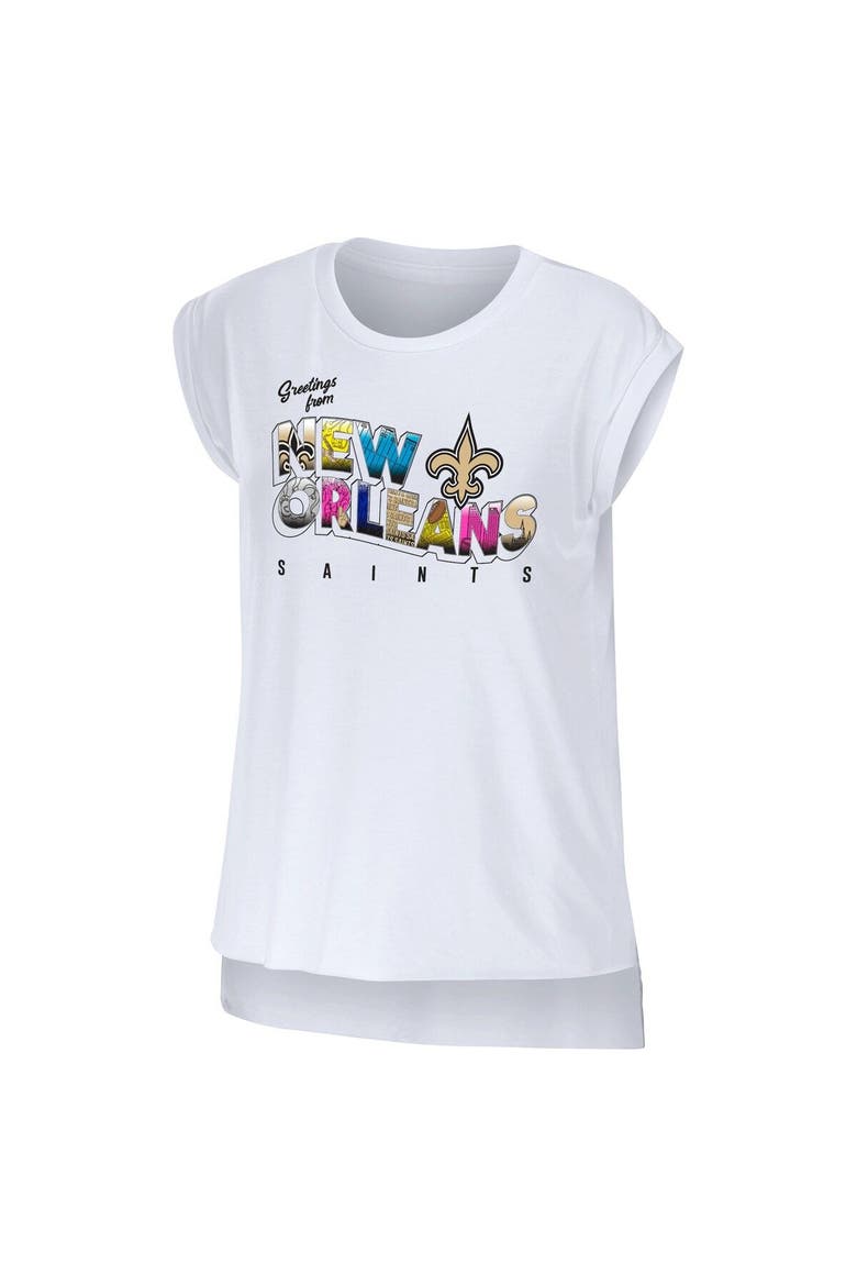 Women's WEAR by Erin Andrews White New Orleans Saints Greetings From Muscle T-Shirt, Alternate, color, White
