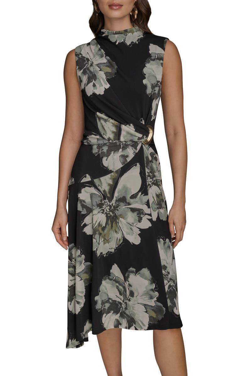 Donna Karan New York Floral Side Ruched Asymmetric Hem Dress, Alternate, color, Black Multi