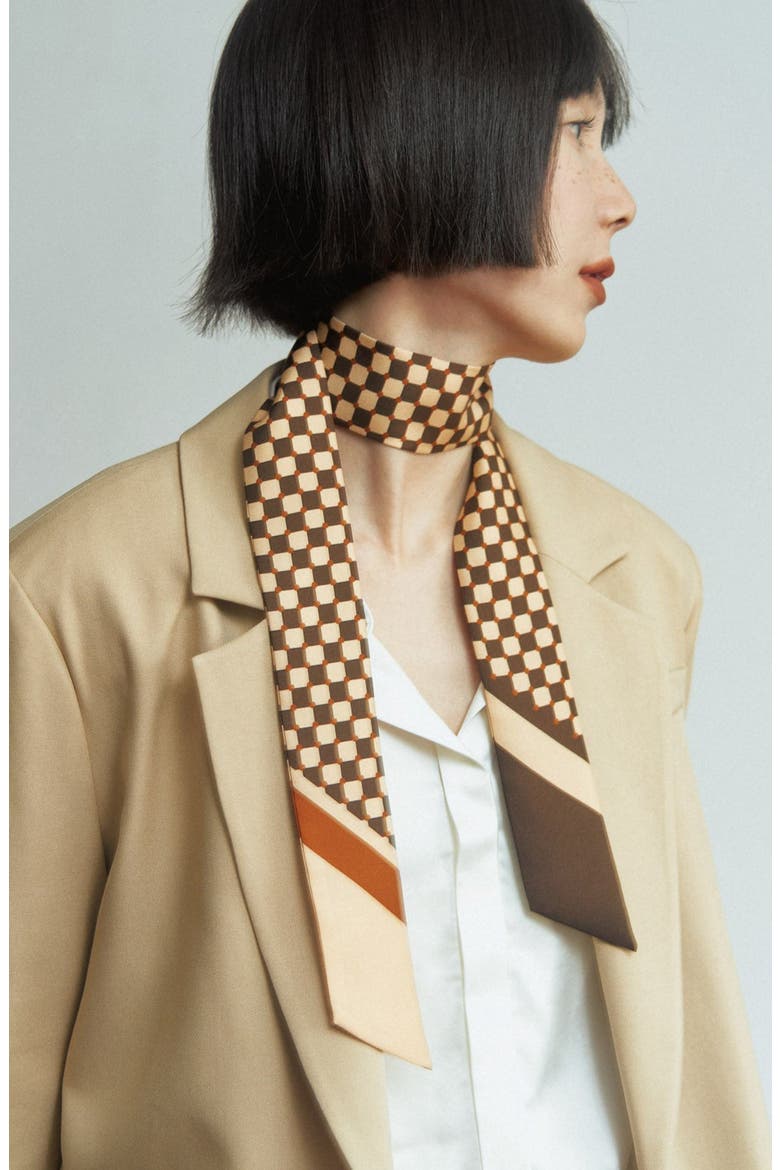 Checkerboard Skinny Silk Scarf, Alternate, color, COFFEE