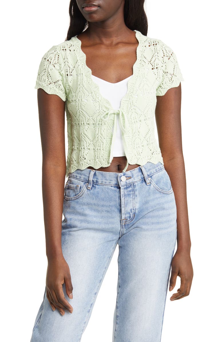 BP. Pointelle Tie Front Short Sleeve Cardigan, Main, color, 