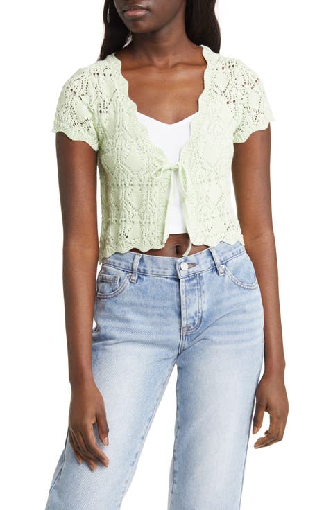 Pointelle Tie Front Short Sleeve Cardigan