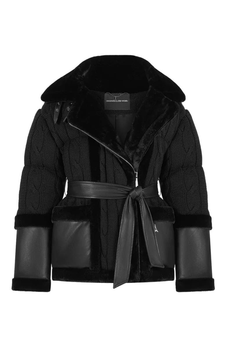 Manière De Voir Tara Knit and Plush Puffer Biker Jacket, Alternate, color, Black