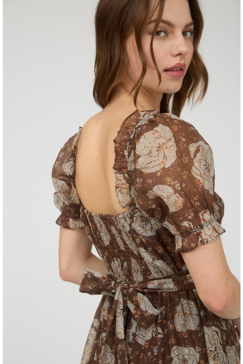 Puff Sleeve Midi Dress, Alternate, color, BROWN MULTI