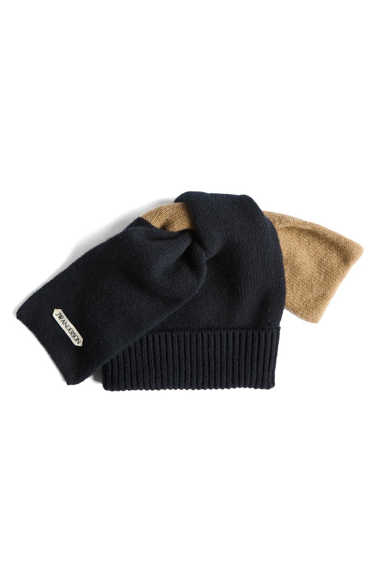 JW Anderson Knotted Colorblock Wool Beanie, Main, color, Navy