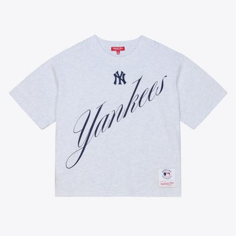 Women's Mitchell & Ness  Heather Gray New York Yankees Script Cropped Boxy T-Shirt