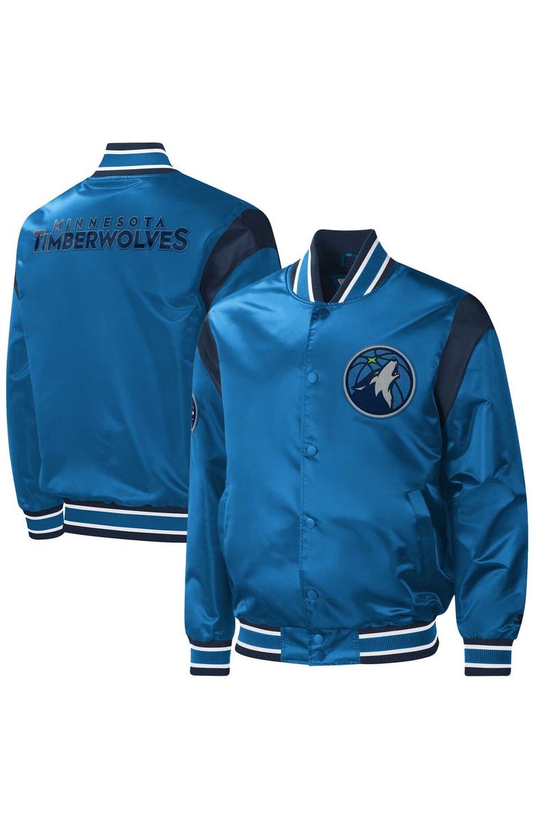 STARTER Men's Starter Blue Minnesota Timberwolves Force Play Satin Full-Snap Varsity Jacket, Main, color,