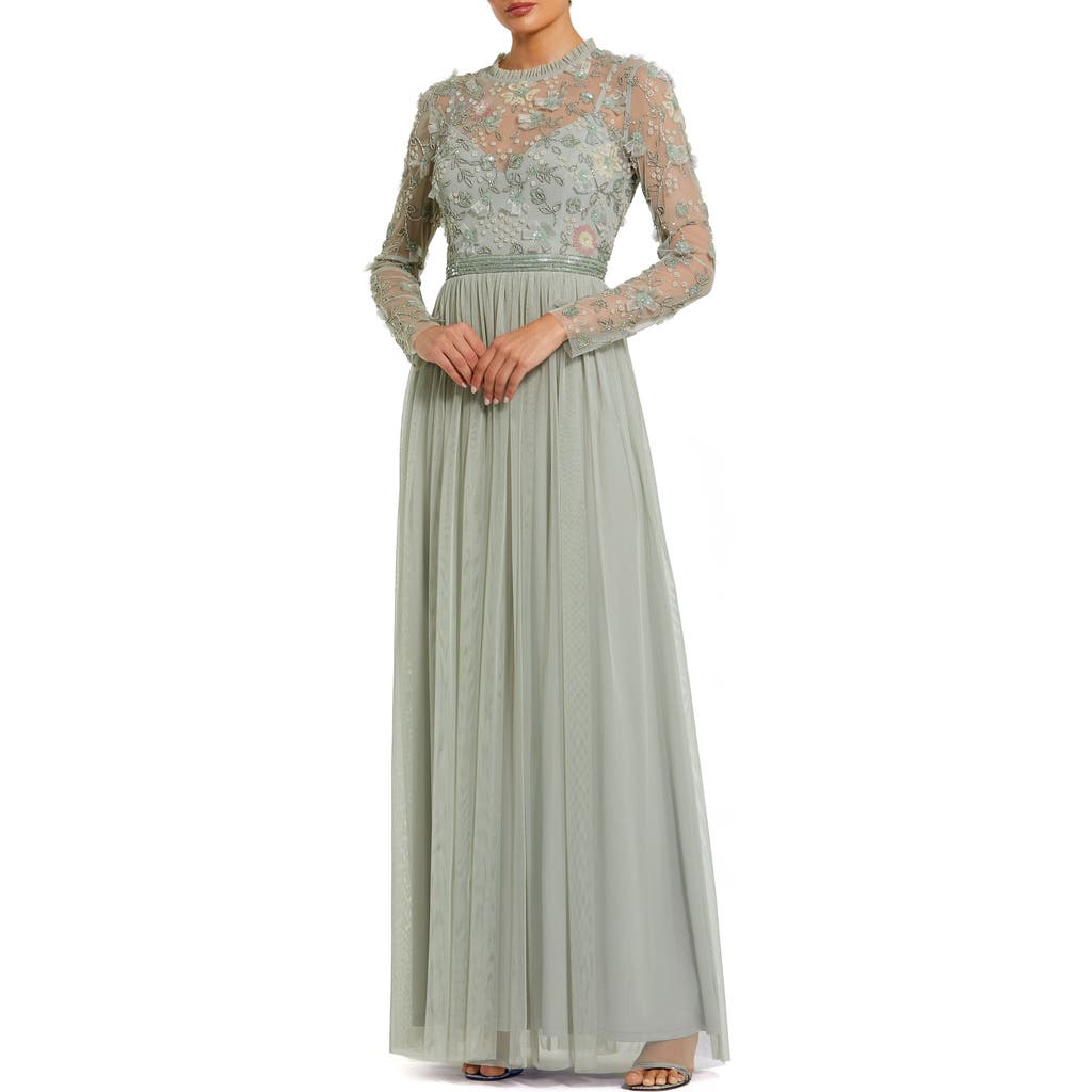 Mac Duggal Embellished Illusion High Neck Long Sleeve Gown in Sage at Nordstrom, Size 6