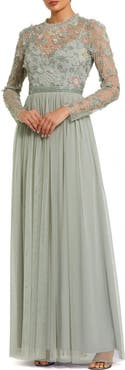 Mac Duggal Embellished Illusion High Neck Long Sleeve Gown