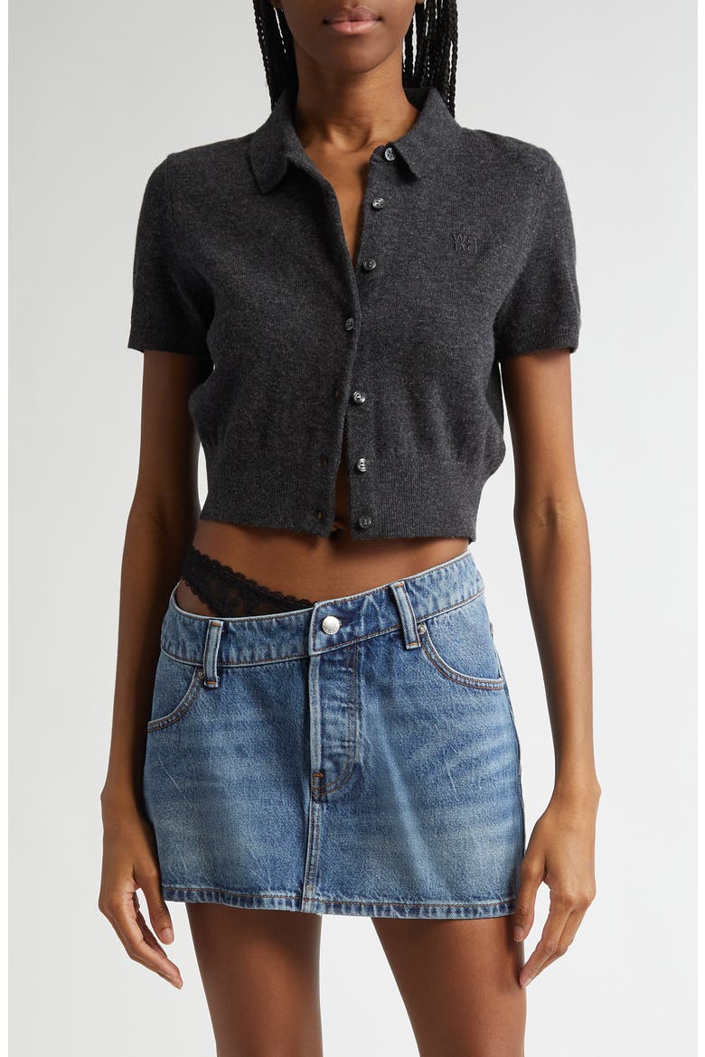 Logo Embroidered Wool Crop Cardigan, Main, color, CHARCOAL