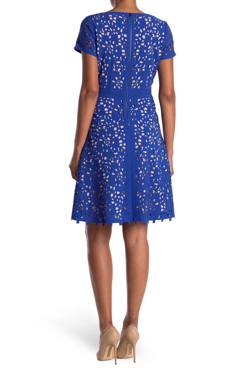 FOCUS BY SHANI Laser Cutout Short Sleeve Dress, Alternate, color, Blue/ Nude