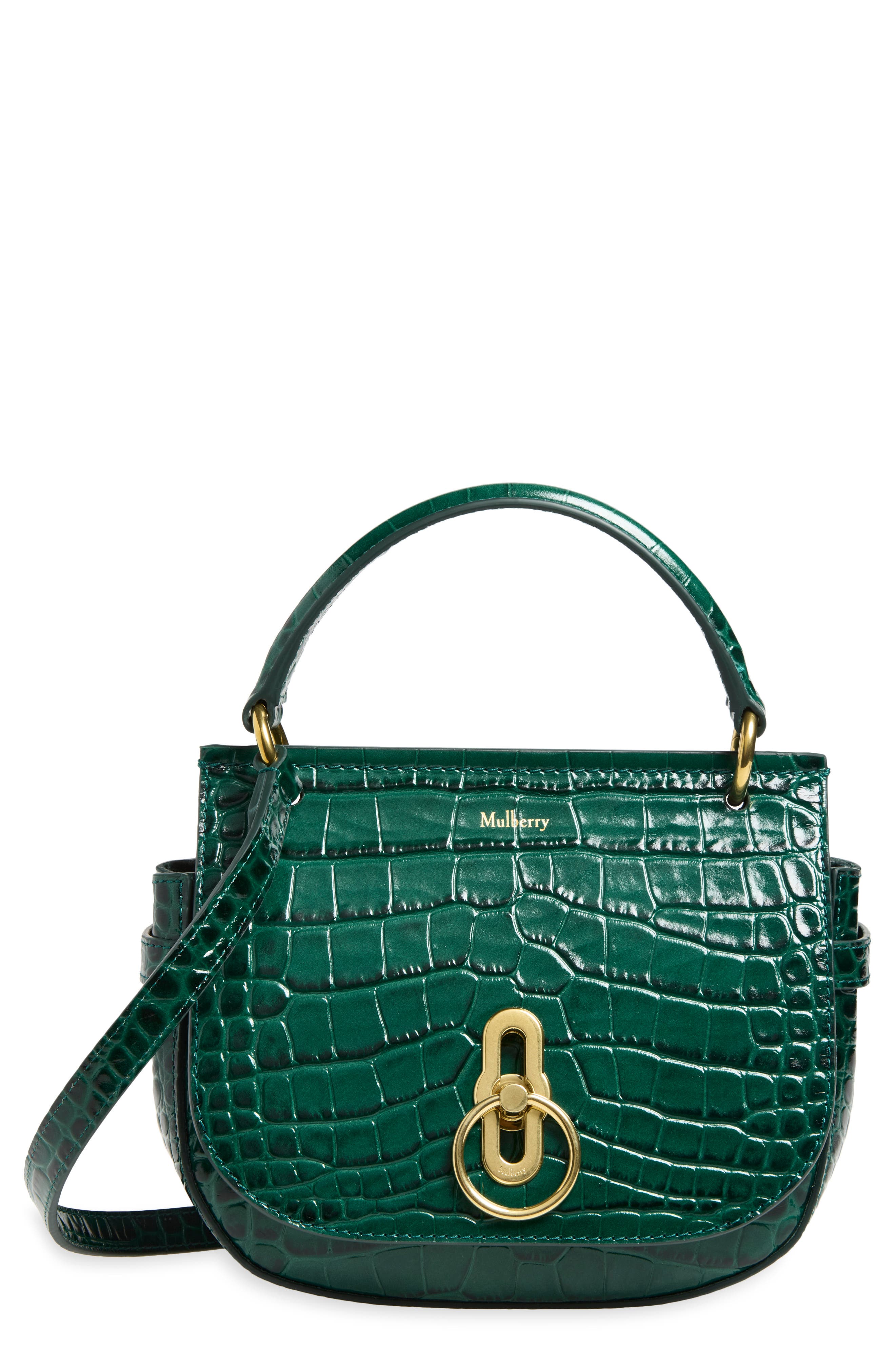 Small Amberley Croc Embossed Leather Satchel, Main, color, EMERALD
