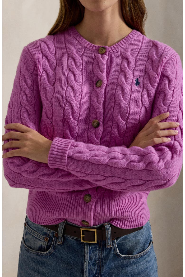 Cable Knit Wool & Cashmere Cardigan, Alternate, color, THISTLE PINK