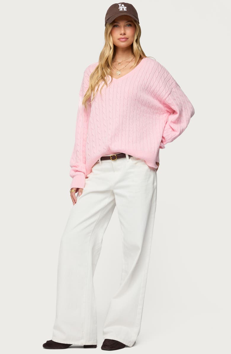 EDIKTED Polly V-Neck Cable Sweater, Alternate, color, Light-Pink