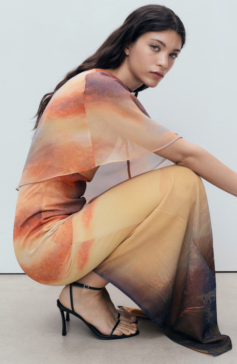 MANGO Abstract Print Cape Detail Gown, Alternate, color, Orange