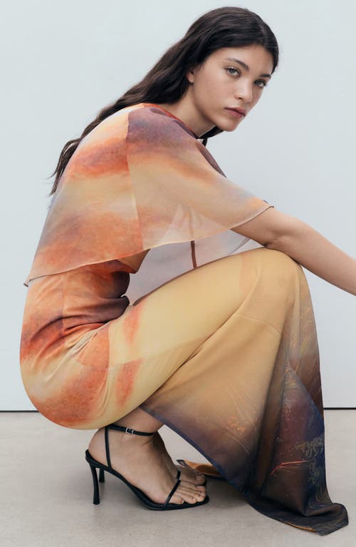 Mango Abstract Print Cape Detail Gown