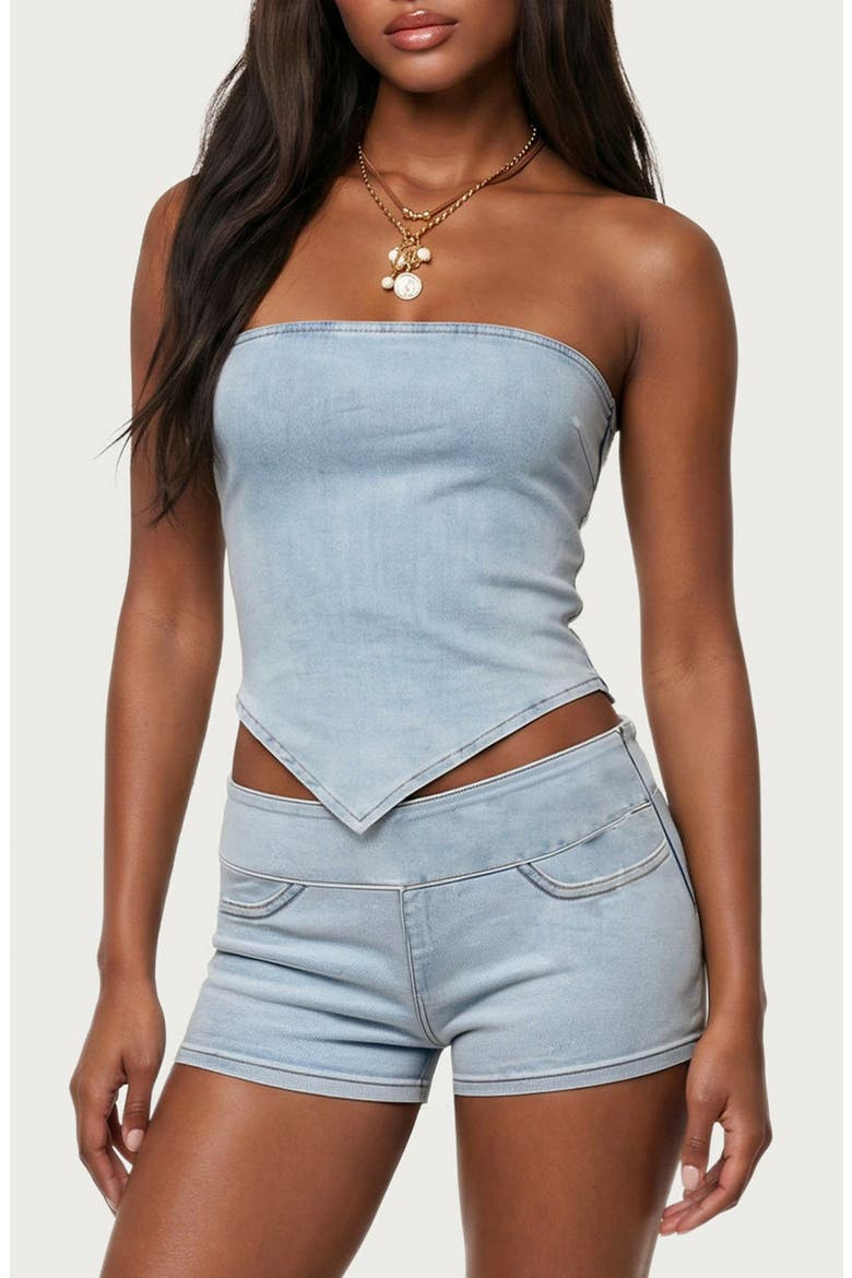 Zaida Strapless Handkerchief Hem Denim Top, Main, color, LIGHT-BLUE
