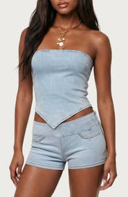 EDIKTED Zaida Strapless Handkerchief Hem Denim Top