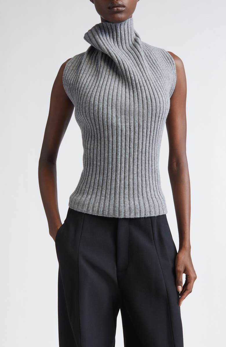 Victoria Beckham Draped Sleeveless Lambswool Blend Sweater, Main, color, Grey Melange