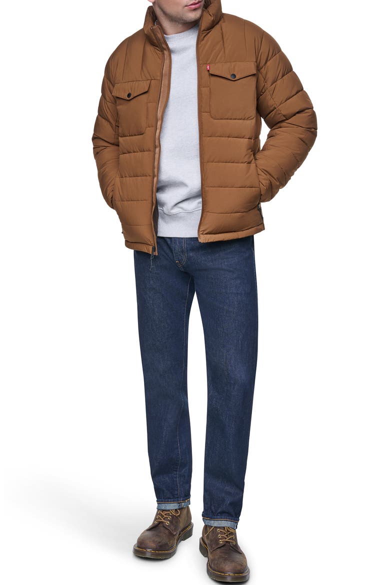 Stand Collar Puffer Jacket, Alternate, color, BROWN