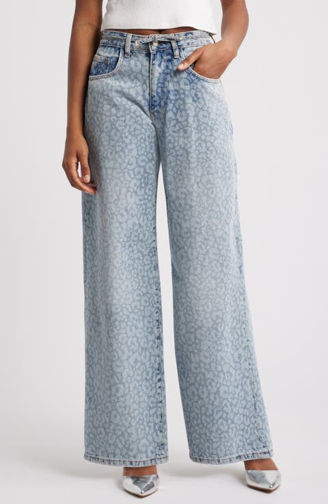 Leopard Print Washed Nonstretch Straight Leg Jeans