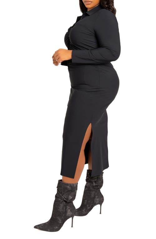 Buxom Couture Ruched Long Sleeve Body-con Shirtdress In Black