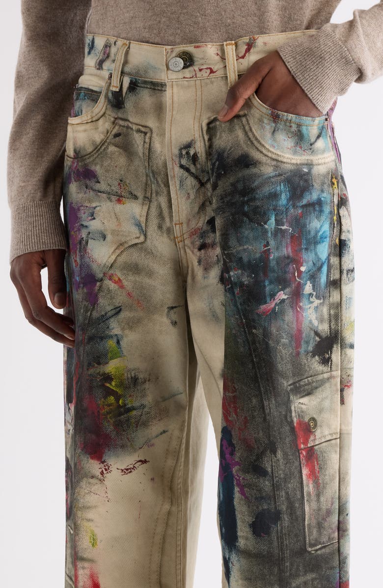 Acne Studios 1981 Paint Print Trompe l'Oeil Wide Leg Jeans, Alternate, color, White/ Multi