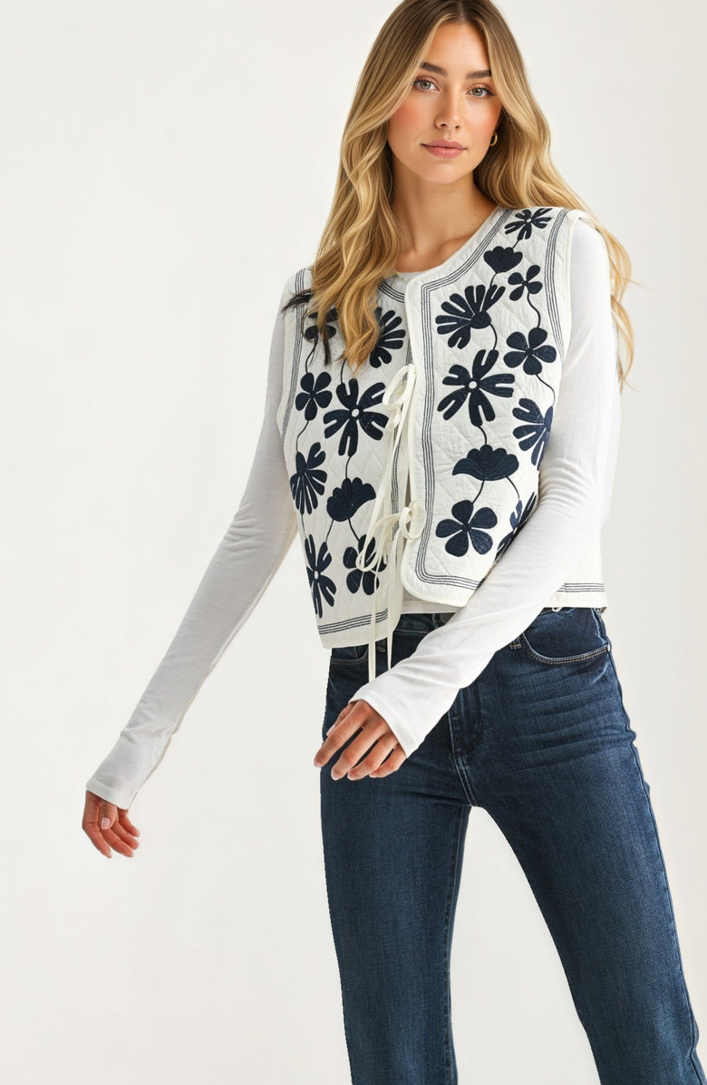 Knit and Lounge Bold Floral Embroidery Quilted Vest, Alternate, color, White / Black Floral