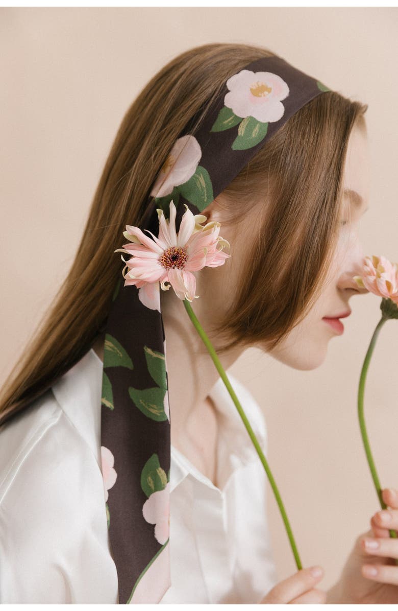 Lost Pattern "Camellia" Silk Twill Skinny Scarf, Alternate, color, Dark Brown