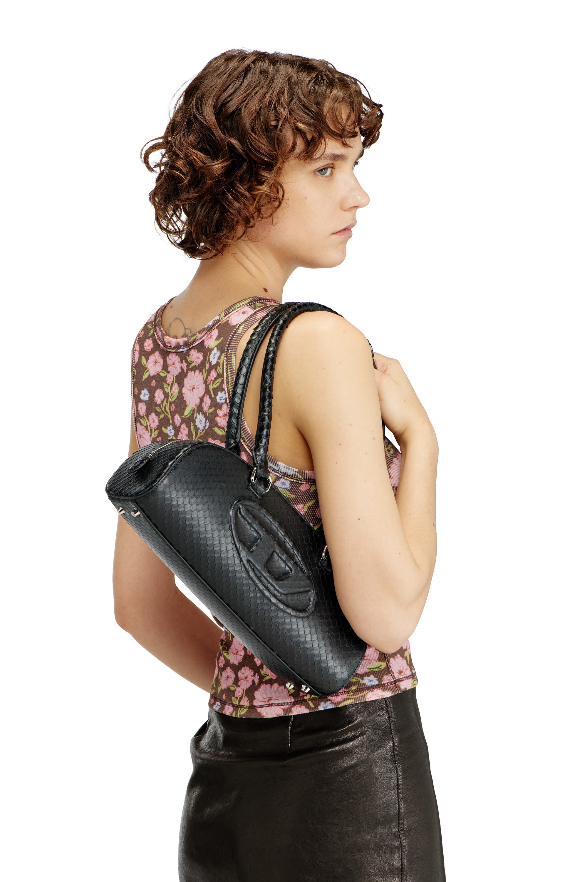 DIESEL<sup>®</sup> 1DR Dome-Elongated Snakeskin Embossed Leather Shoulder Bag, Alternate, color, Black
