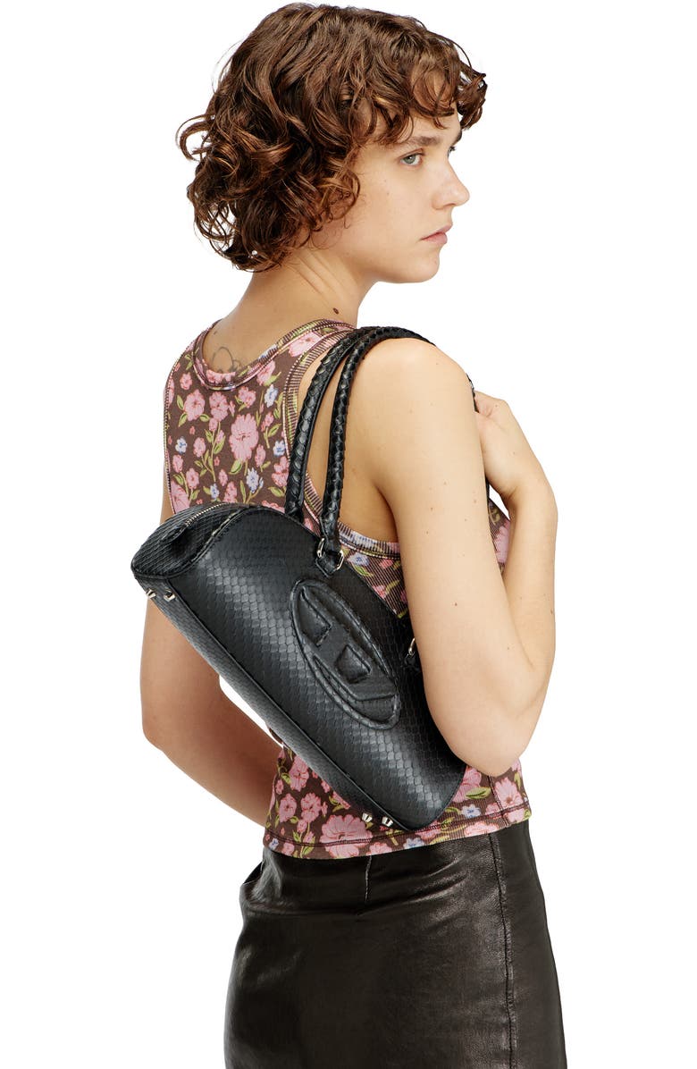 DIESEL<sup>®</sup> 1DR Dome-Elongated Snakeskin Embossed Leather Shoulder Bag, Alternate, color, Black