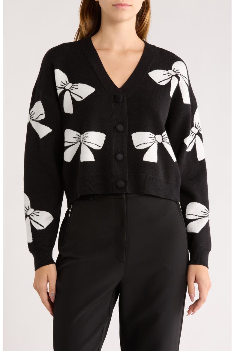 Frankie Bow V-Neck Cardigan, Main, color, EGRET-BLACK