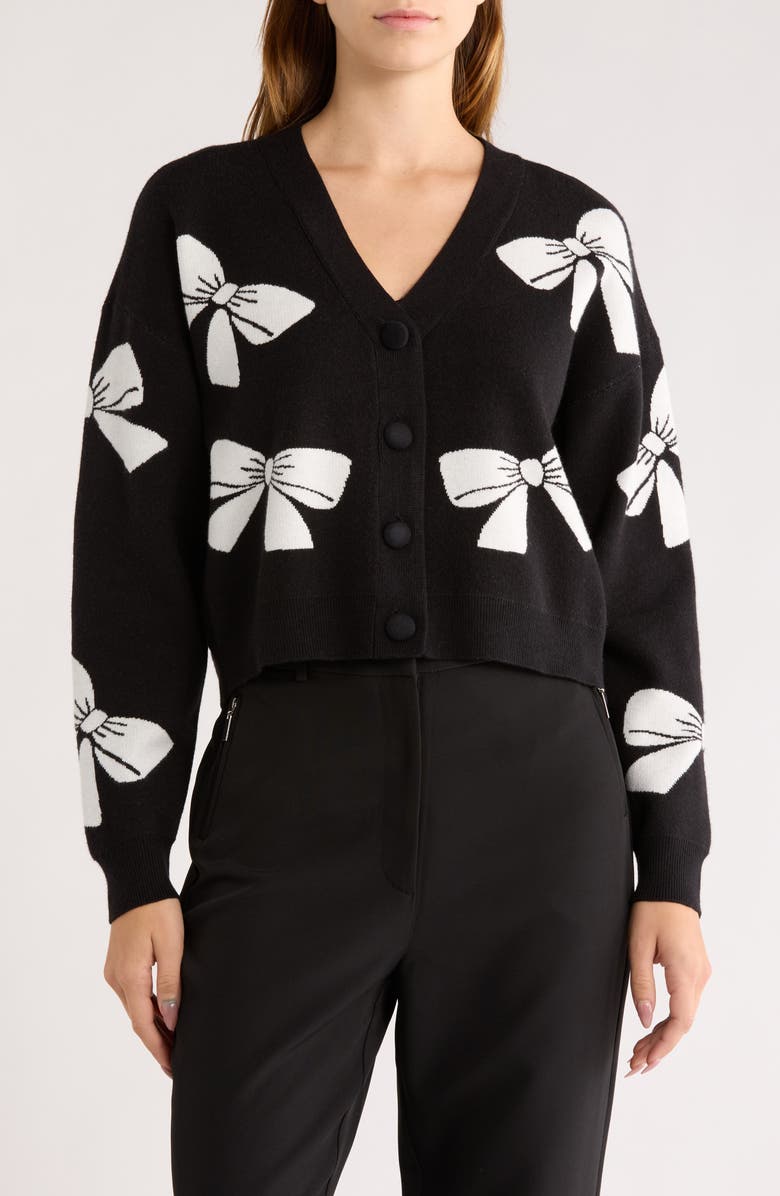 Love By Design Frankie Bow V-Neck Cardigan, Main, color, Egret-Black