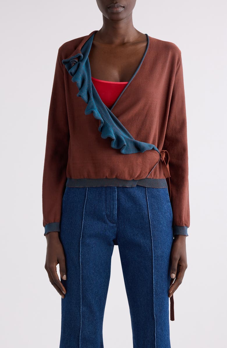Dries Van Noten Two-Tone Ruffle Wrap Cardigan, Main, color, Brown