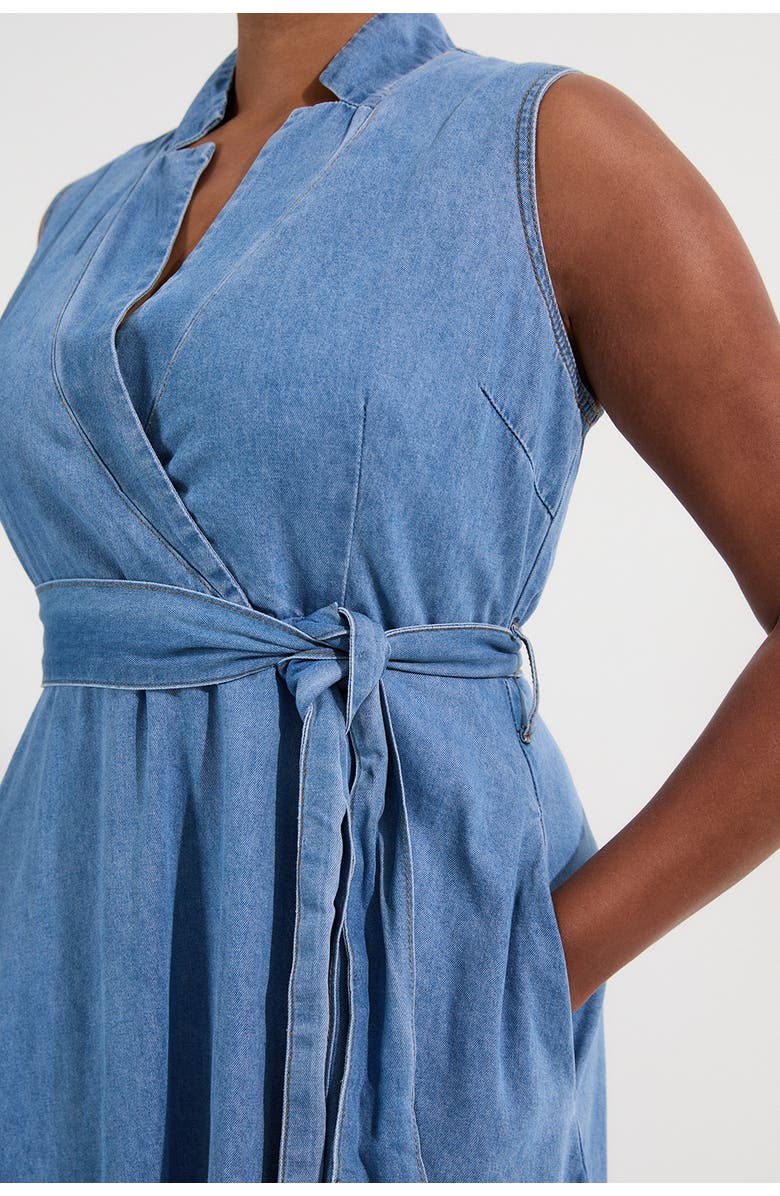 Karen Millen Belted Denim Midi Dress, Alternate, color, Mid Blue