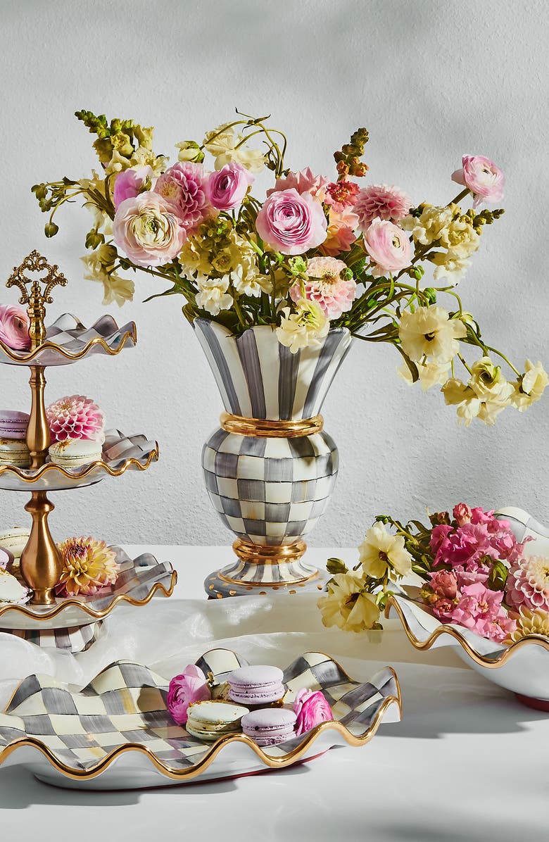 MACKENZIE CHILDS Sterling Check Great Ceramic Vase, Alternate, color, Grey/ White