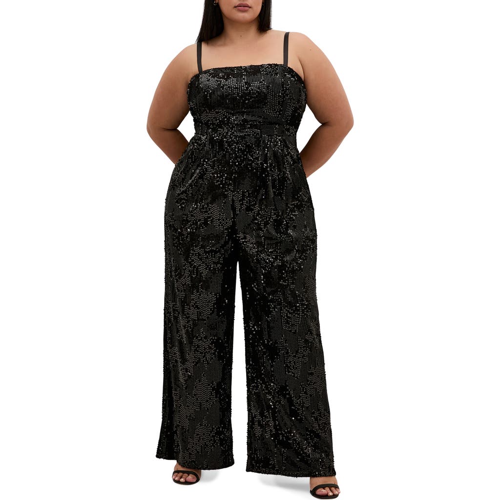 City Chic Sequin Sleeveless Wide Leg Jumpsuit In Black
