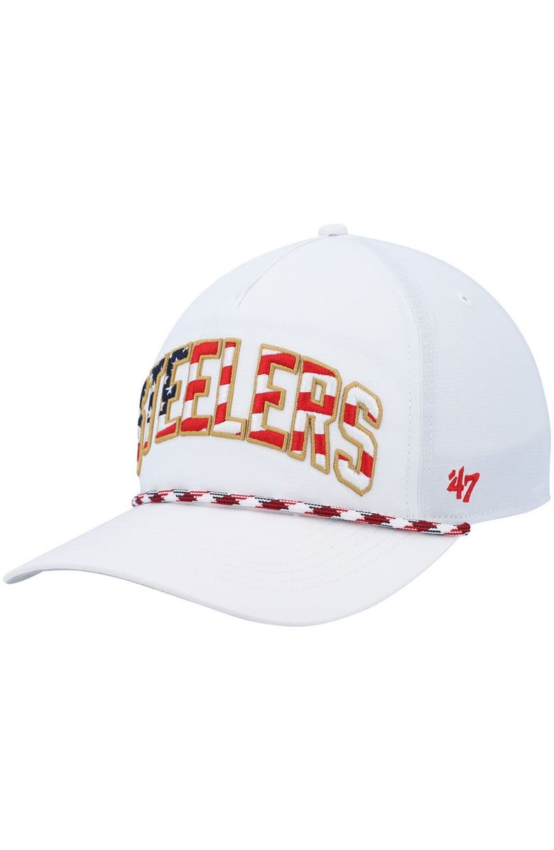 '47 Men's '47 White Pittsburgh Steelers Hitch Stars and Stripes Trucker Adjustable Hat, Main, color, White