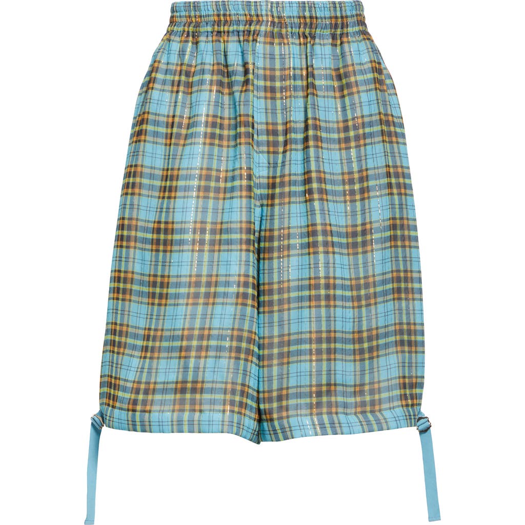 Undercover Metallic Stripe Plaid Silk Blend Twill Bermuda Shorts In Light Blue Check