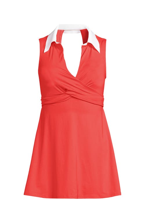 Lands' End Polo Collar Tie Front Swim Dress Swimsuit In Coral Bliss/white