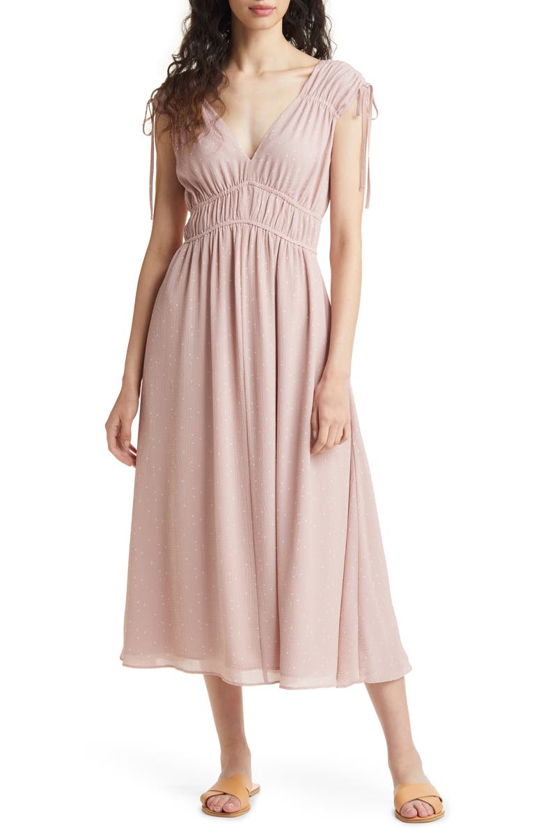 Madewell Ruched Crepe Midi Dress, Main, color, 
