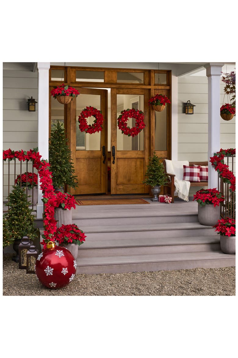 Outdoor Poinsettia Pre Lit Wreath 26", Alternate, color, RED