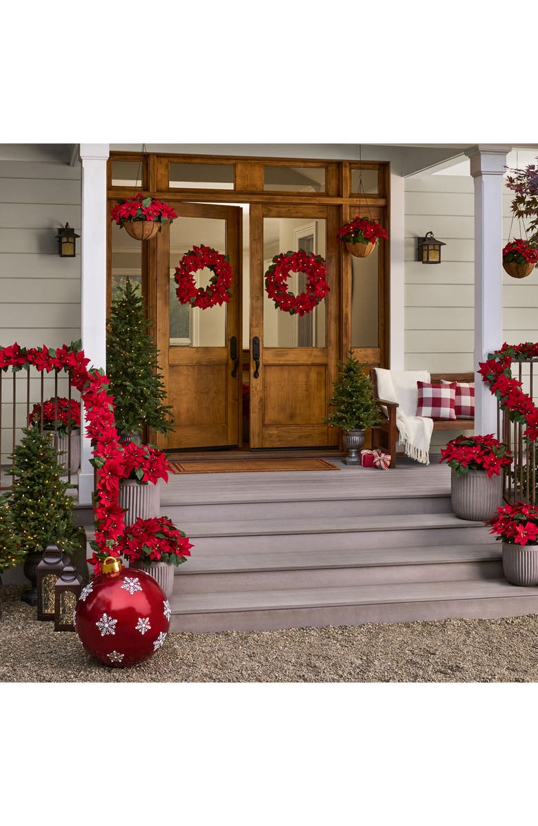 Balsam Hill Outdoor Poinsettia Pre Lit Wreath 26", Alternate, color, Red